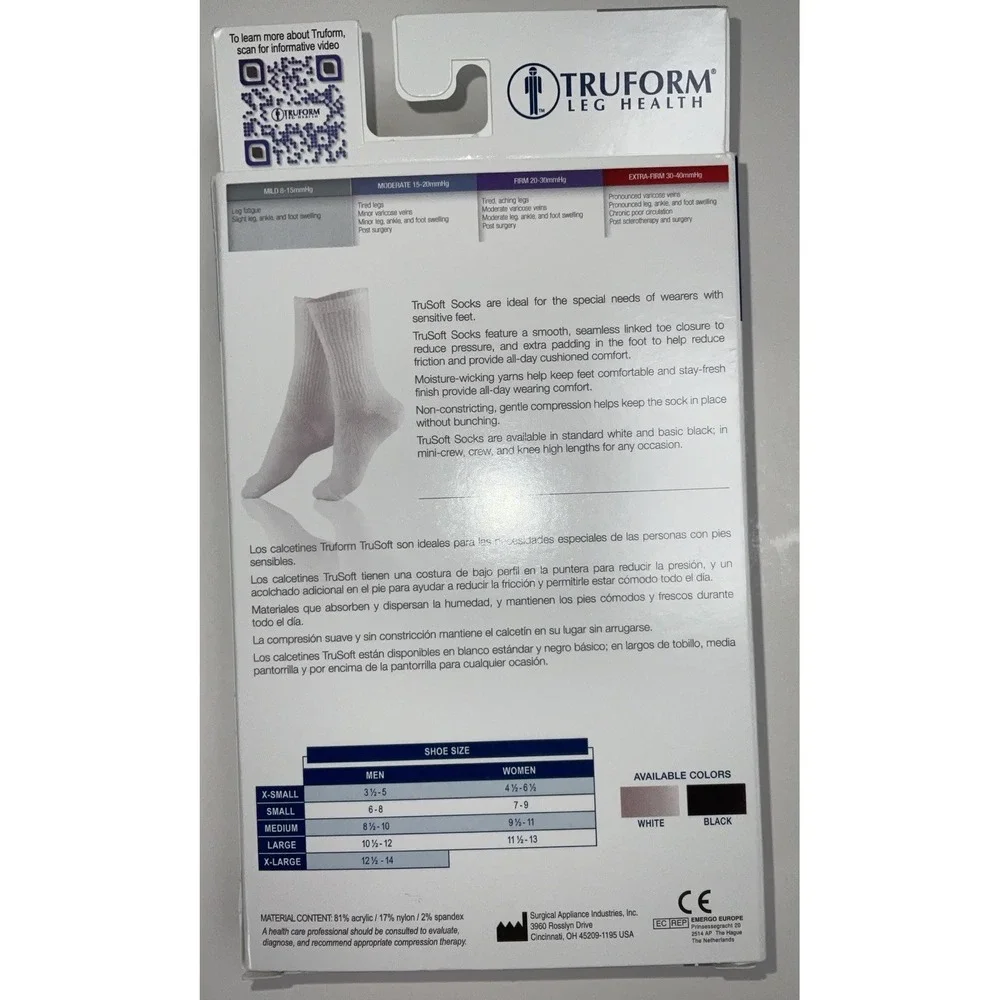 NIB TruForm Leg Health Unisex TruSoft Diabetic Crew Socks 8-15 mmHG White‎ Small